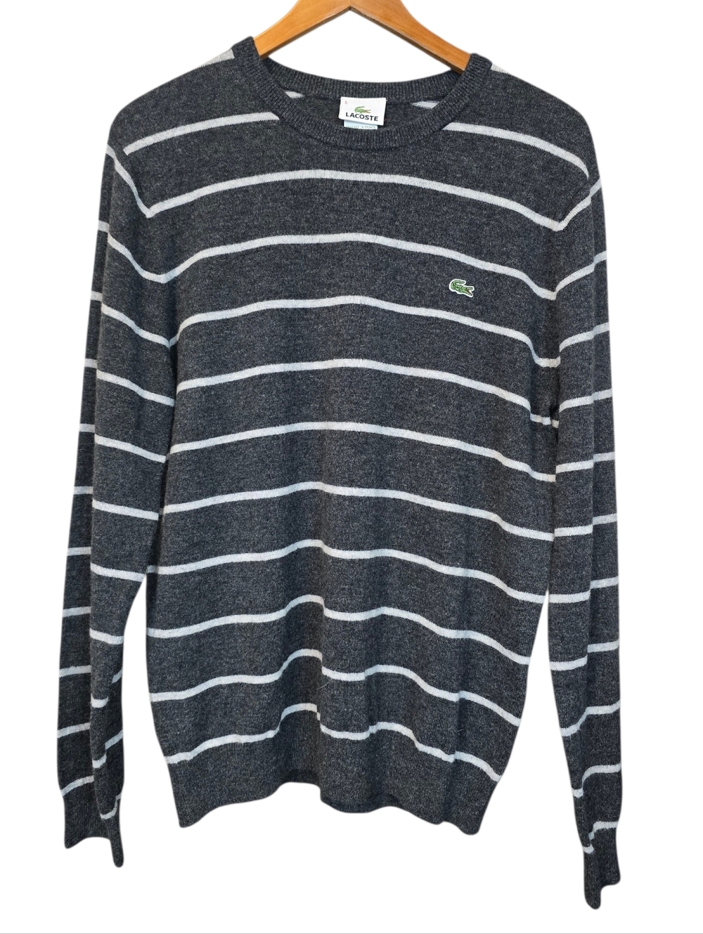 Lacoste Wool Gray Striped Crewneck Sweater Classic Logo Mens Size 5 - Large